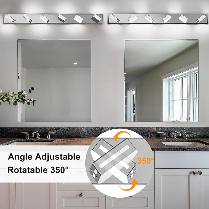 LED Modern Bathroom Light Fixtures, 6-Light 48-Inch Chrome Vanity Lights for Bathroom Lighting Fixtures Over Mirror, 6000K Cool White 350° Rotatable Wall Lamp