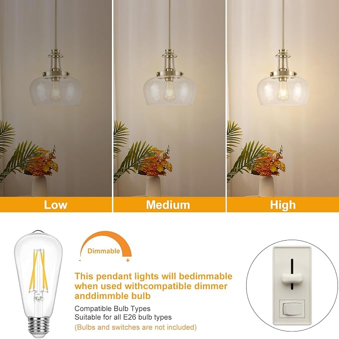 Modern Pendant Lights Kitchen Island, Brushed Nickel Pendant Light Fixtures with 10" Clear Glass Shade, Industrial Hanging Pendant Lights Fixture for Kitchen Island Dining Room Bedroom Foyer Entryway