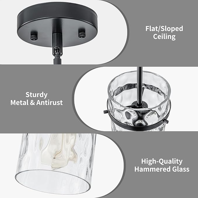 Farmhouse Hammered Glass Pendant Light, 5.5" Black Pendant Light, Modern Pendant Light Fixtures Island Lights for Kitchen Dining Room Light for Farmhouse Pendant Lighting 1 Pack