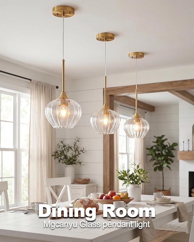 2-Pack Glass Pendant Lights Kitchen Island, 7.7" Modern Gold Pendant Lighting Adjustable Hanging Light Fixtures for Kitchen, Dining Room, Bathroom, Bedroom