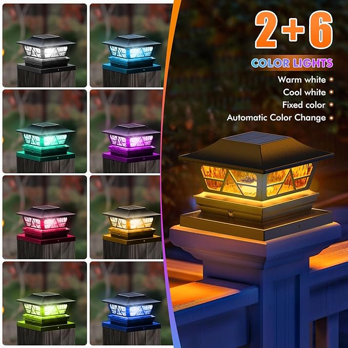 Viewsun Solar Post Lights Outdoor Waterproof RGB Color Changing Modes Fence Post Cap Lights, Deck Post Lights Solar Powered for 4x4 5x5 6x6 Wooden or Vinyl Yard Garden Patio Decor, Black(4 Pack)