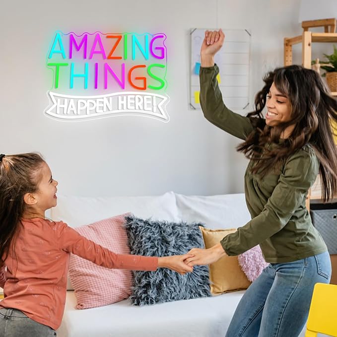 Amazing Things Happen Here Neon Sign Inspirational Rainbow Neon Light USB Powered Amazing Light LED Sign for Wall Decor Bar Club Party Home Room(16.54 * 11.02In)