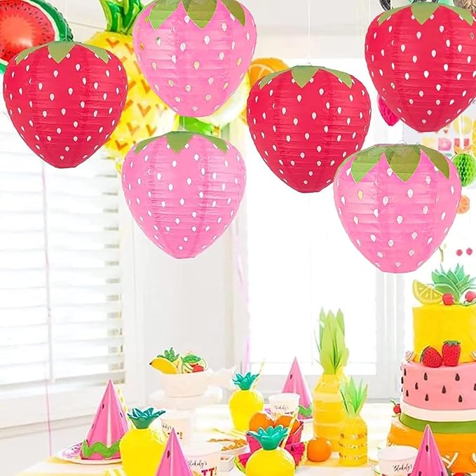 Strawberry Paper Lanterns - 8PCS Hanging Decorations for Room, Birthday Party, Wedding, Garden - 8 Inch, Red and Pink