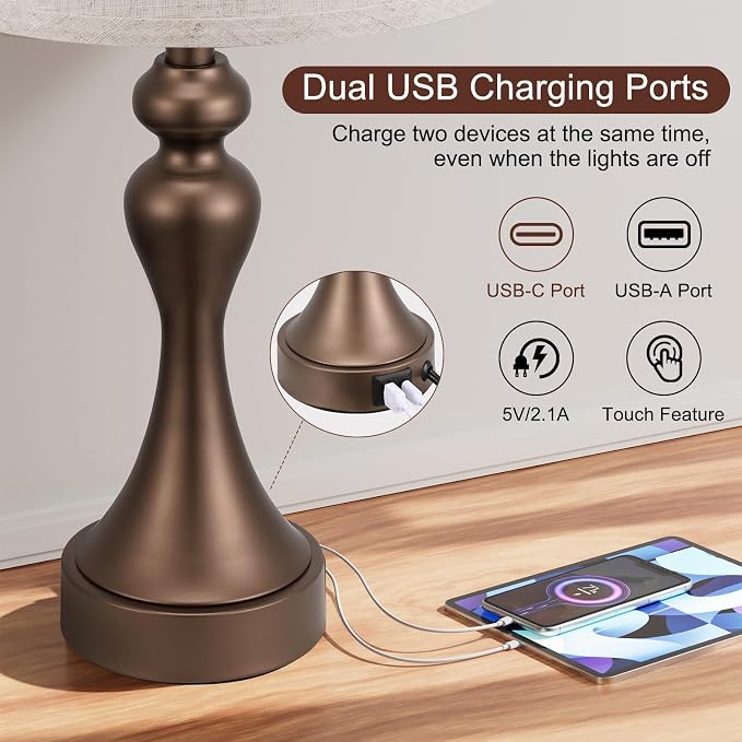 Touch Lamps for Nightstand, 3 Way Dimmable Bedside Lamps with USB C+A Ports | Touch Control, LED Bulb Included, Small Brown Table Lamp for Bedroom, Night Stands, End Table, Gift，Corded，Beige Shade
