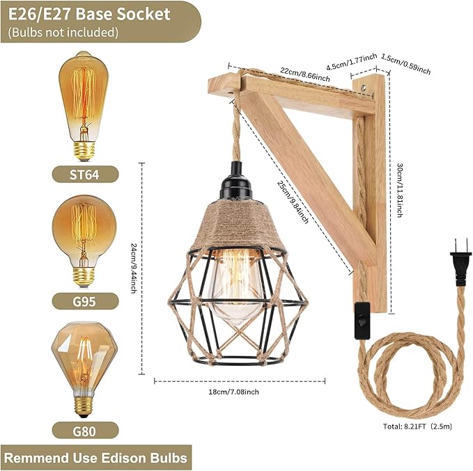 Frideko Plug in Wall Sconce Set of Two,Boho Farmhouse Hanging Wall Lamp with Plug in Cord, Wall Light with Wood Shelf Bracket for Bedroom Living Room Apartment RV Camper(Orange 2pcs)