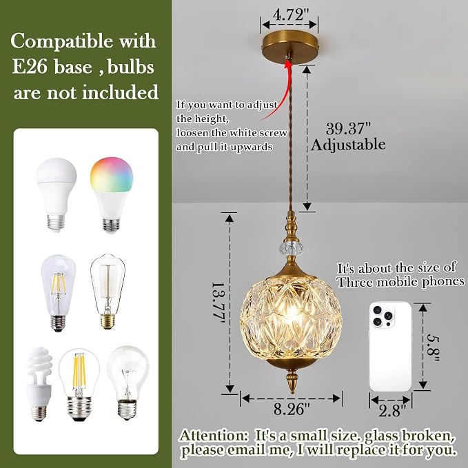 Piepooye Vintage Gold Glass Pendant Light for Kitchen Island | Antique Brushed Gold Chandelier E26 Mini Adjustable Hanging Ceiling Light Farmhouse Dining Room Bedroom Foyer Entryway