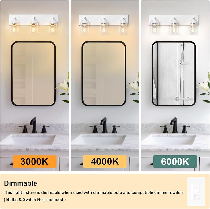 IZORRO Bathroom Vanity Light Fixture, 3-Light 22 Inch White Bathroom Light Fixtures Over Mirror, with Clear Glass Shade, Modern Farmhouse Vanity Lights, Rustic Restroom Lighting Fixtures
