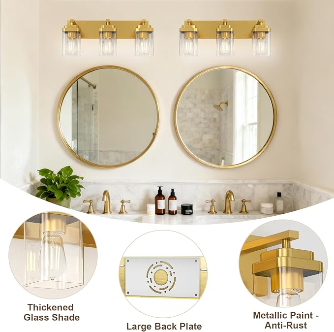 Brushed Gold Bathroom Light Fixtures, 3 Lights Bathroom Lighting Fixtures Over Mirror, Square Design & Rectangle Large Backplate, Modern Vanity Lighting Fixtures, for Living Room/Bedroom