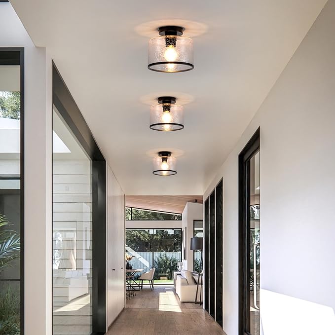 Zlepmlla Modern Flush Mount Ceiling Light, Seeded Glass Ceiling Light Fixture, Black Light Fixture for Hallway, Bedroom, Entryway, Kitchen，Living Room