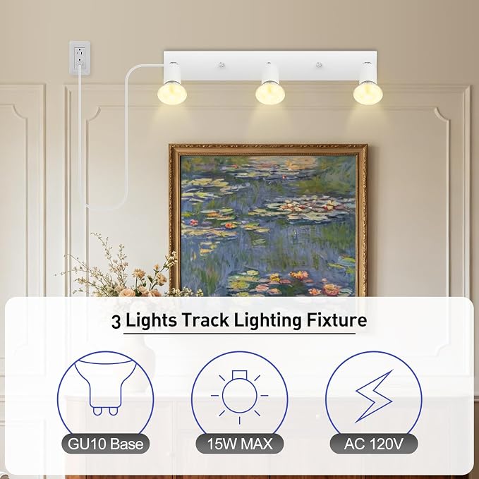 Plug in Track Lighting Kit 3 Light, White Track Light Fixture with Switch and Cord, Adjustable Spotlight Track Head for Kitchen Closet Gallery Wall Wash, Modern Linear Ceiling Light Bar,15ft Cord
