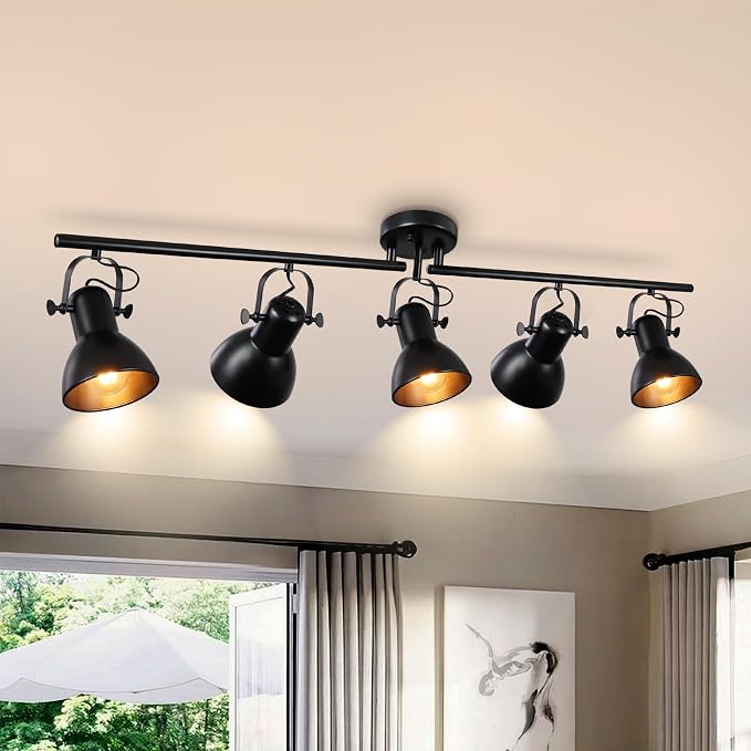 5-Light Kitchen Track Lighting Fixtures Ceiling, Black Semi Flush Mount Track Ceiling Light with 5 Flexibly Rotatable Lighting Heads Track Lighting Kit Ceiling Spot Lighting, Dia 47.24in