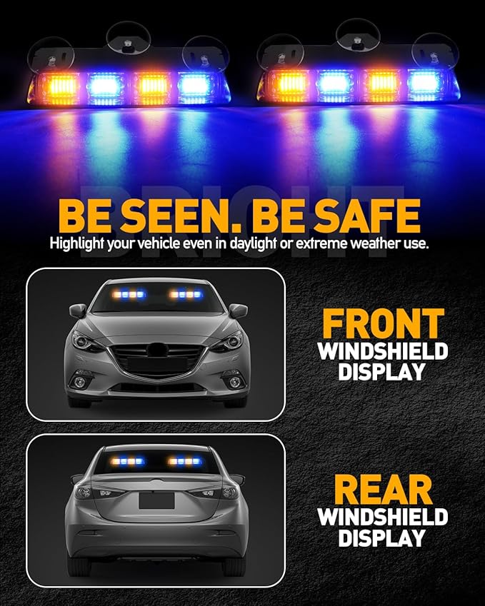 HLauto 2002L Emergency Dash Strobe Lights: Amber Blue Safety Lights, Flashing Warning Hazard Windshield Visor Traffic Light Bars for Trucks, Construction Vehicles (2x8.5 inch, 48LED)