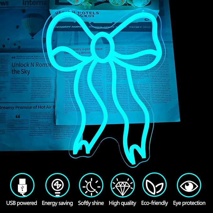 Blue Bow Neon Sign for Wall Decor Bow Led Neon Lights for Coquette Room Decor Dimmable Light up Sign for Bedroom Wall Bow party decorations Girls Room Birthday Christmas Gifts With USB Power