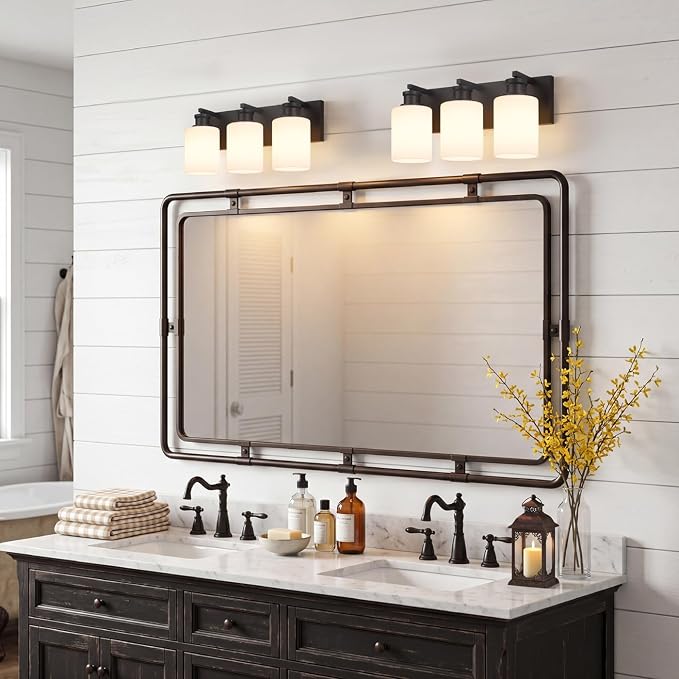 Bathroom Vanity Light, Modern 3 Light Bathroom Light Fixture Over Mirror | Light Fixture Over Sink with White Glass Shade, Black Vanity Lights for Bathroom, E26 Base, 16.5 inch (Bulbs Not Included)
