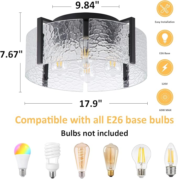 Black Flush Mount Ceiling Light Fixture, 4 Light Modern Entryway Light Fixture Ceiling Mount, Close to Ceiling Light Fixtures, Kitchen Lighting Fixtures Ceiling Lights for Bedroom Bathroom Hallway