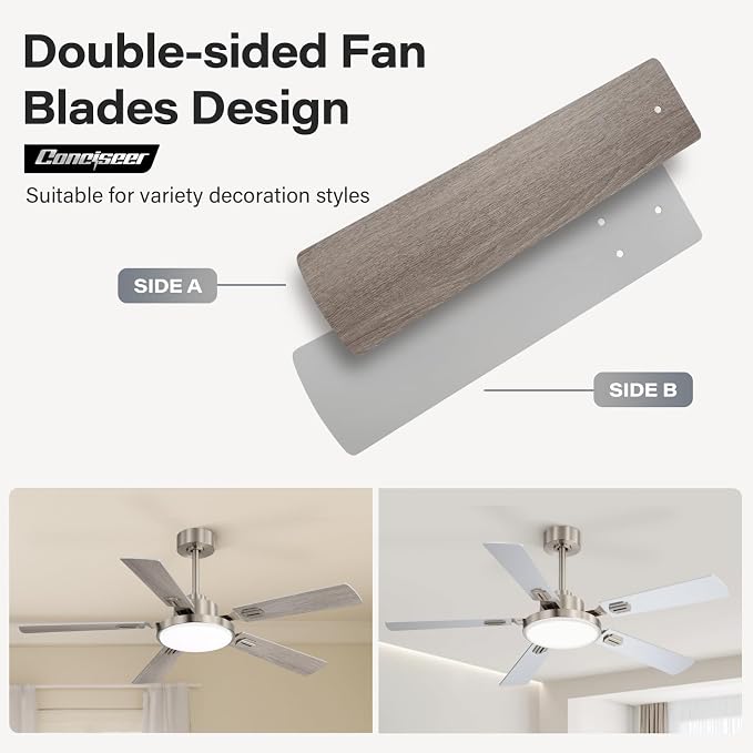 60 Inch Ceiling Fans with Lights and Remote, Bedroom Living Room Office Library Cafe Outdoor Industrial, 5CCT Dimmable, Dual Color 5 Blades, 6 Speed Reversible Quiet DC Motor, Sand-nickel/Wood Grain
