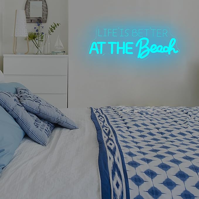 Life Is Better At The Beach Neon Sign for Coastal Wall Decor Beach Decor Led Sign Dimmable Neon Light Up Sign for Home Bathroom Coastal Wall Art Boho Surfer Theme Party Living Room