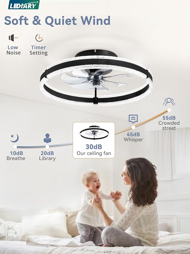 LEDIARY Ceiling Fans with Lights and Remote, 20'' Low Profile Ceiling Fan with Light, 3000-6000K Dimmable Fandelier Ceiling Fans, Modern Flush Mount Fan Light for Bedroom with 6 Wind Speeds- Black | 3000-6000K Dimmable LED, 6 Wind Speeds, Quiet Reversi...
