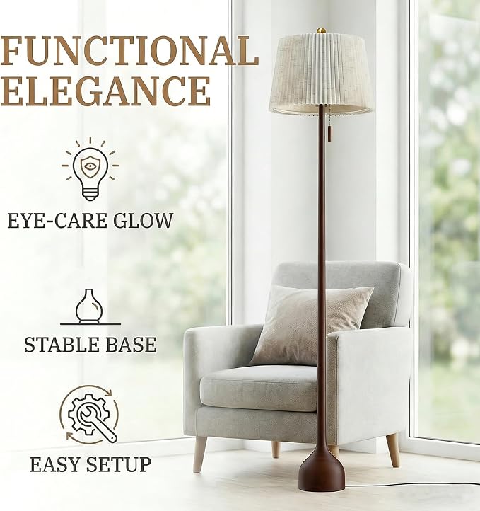 MOFFE Mid Century Modern Real Wood Floor Lamp with 2 Shades for Two Looks | 65" Tall,Sculptural Teardrop Base,Wooden Pull Chain,Vintage Standing Lamp,Linen Shades,Living Room,Bedroom, Bulb Included