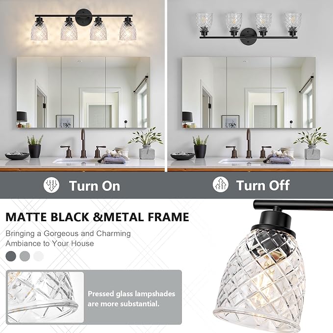 4-Light Vanity Light Over Mirror, Black Bathroom Light Fixtures | Modern Farmhouse Wall Sconces with Hammered Glass Lampshade for Kitchen Hallway Bedroom Living Room Cabinet Porch-27.5IN