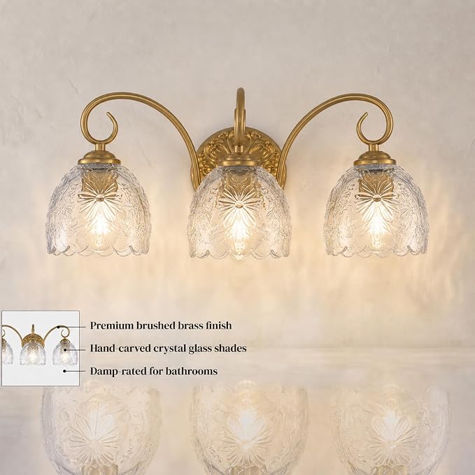 Hamilyeah Gold 3-Light Vanity Bathroom Light Fixtures Over Mirror, Vintage Vanity Lights Wall Sconce Light Fixture for Bathroom Vanity, Bedroom, Hallway, Farmhouse Bathroom Lighting