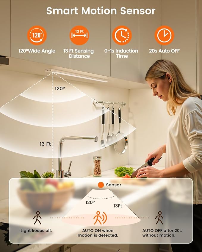 8 Inch Under Cabinet Lights, 41 LED Rechargeable Magnetic Motion Sensor Light Indoor, Brightness Dimmable 6000K Stepless Dimming Closet Light, for Under Counter, Kitchen, Stairs, Closet, 5 Packs