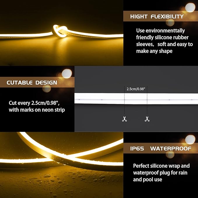 Neon Rope Lights - Cuttable and Dimmable Neon Light Strip 16.4ft/5m Neon Led Strip Lights 12V for Lighting Decoration Indoors Outdoors [ No Power Adapter] Warm White
