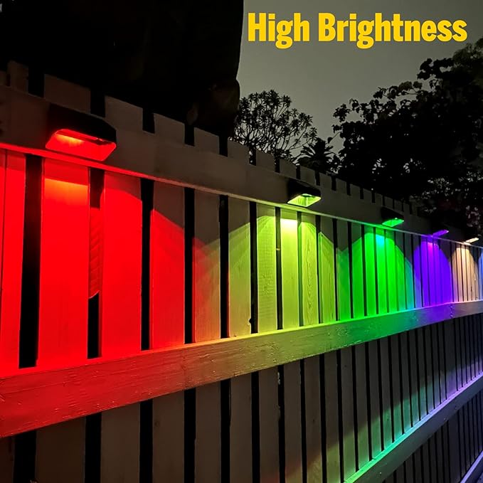 Brighter Solar Fence Lights RGB 8 Colors, Dusk to Dawn Deck Light, Fence Solar Lights Outdoor IP65 Waterproof, Solar Outdoor Lights for Backyard/Railing/Wall/Step/Patio(4 Pack)