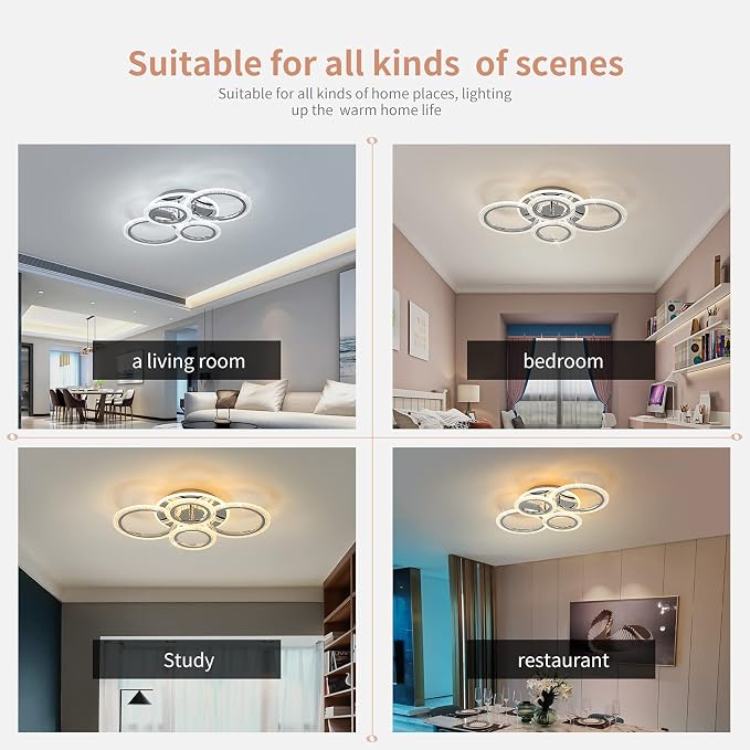 Garwarm Modern LED Flush Mount Ceiling Light with Remote, 4 Ring Chrome 58W | Low Profile Ceiling Light Fixture,Dimmable 3000K-6000K Adjustable Color Temperature,Bubble Acrylic, for Living Room, Bedroom