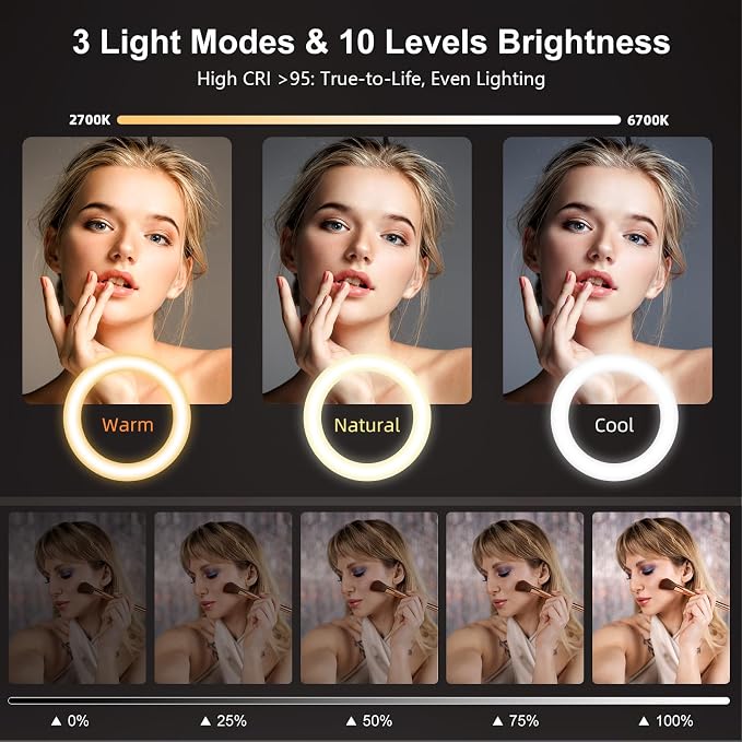 Ring Light with Stand for Streaming - Evershop 10'' Led Desk Lighting with Phone Holder for Laptop,Webcam,Computer Monitor,Circle Lights for Video Recording, Zoom Calls, Online Meetings,Selfie, Makeup