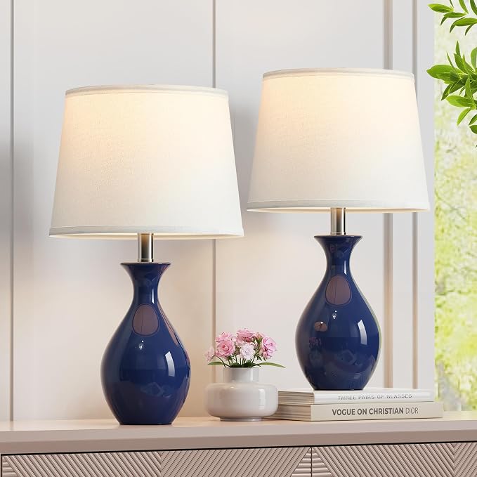 Table Lamp Set of 2, Modern Ceramic Bedside Lamps for Night Stands, Classic Small Lamp Nightstand Lamp for Bedroom Living Room Desk End Table Rocker Navy Blue