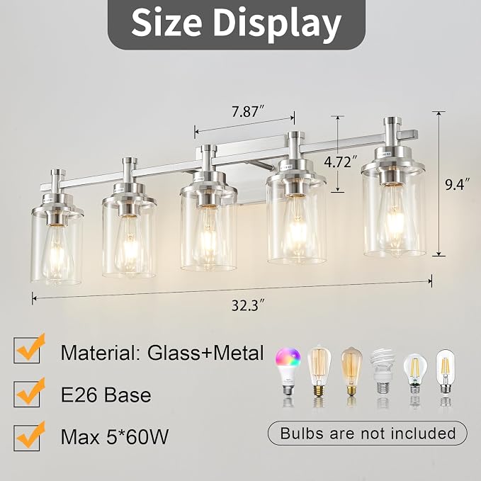 5 Lights Bathroom Light Fixtures, Brushed Nickel Vanity Light with Clear Glass Shade,Modern Wall Sconce for Mirror Bedroom Hallway Farmhouse Kitchen