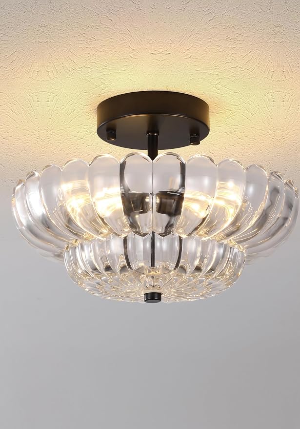Semi Flush Mount Ceiling Light, Vintage Black Close to Ceiling Light Fixture with Glass Shade, Mid Century Modern Lighting for Bedroom Hallway Kitchen Laundry-Clear