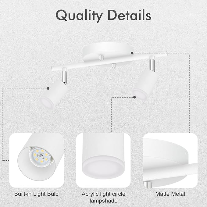 2 Light Track Lighting Fixtures Ceiling, 8W/2700K White Track Lighting with Acrylic Lampshade & Rotatable Light Heads, 20000hrs Lifespan, Modern LED Track Lights Ceiling for Kitchen/Hallyway