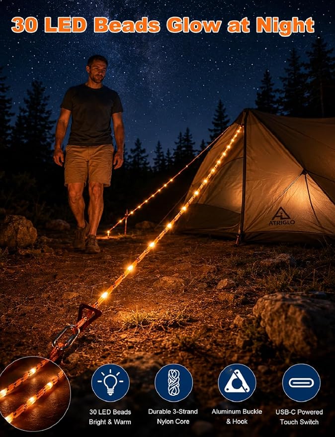 Camping Rope with Light 12FT 660LB LED Illuminated Nylon | Tent Rope for Hammock Clothesline Dog Leash SOS Emergency Type-C Touch Switch IP68 Waterproof Orange