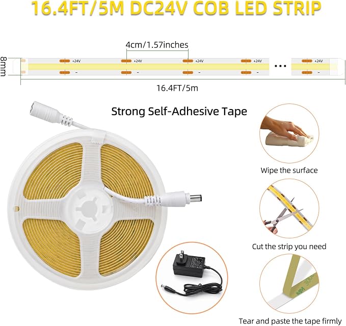 LED Strip Lights 24V COB Pink Dimmable LED Lighting 16.4ft (Kit) | Bright, Dotless High Density 7.2/m, 8mm Width Cuttable Flexible, Home DIY Commercial Decoration