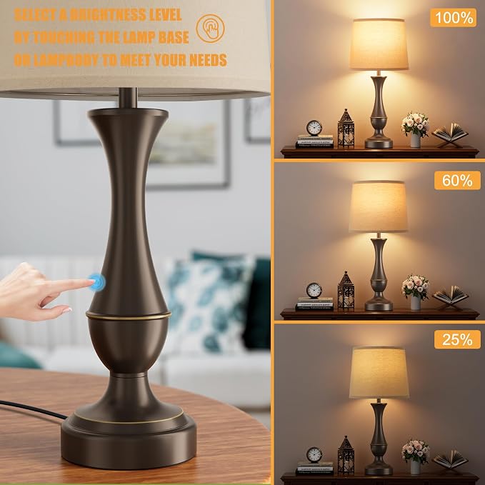 Touch Lamps for Nightstand, 3 Way Dimmable Lamps for Bedroom with USB C+A | Touch Control, USB C+A Charging Ports, Table Lamps for Living Room, Night Stands, Bedside, Bedroom, Bulb Included, Brown