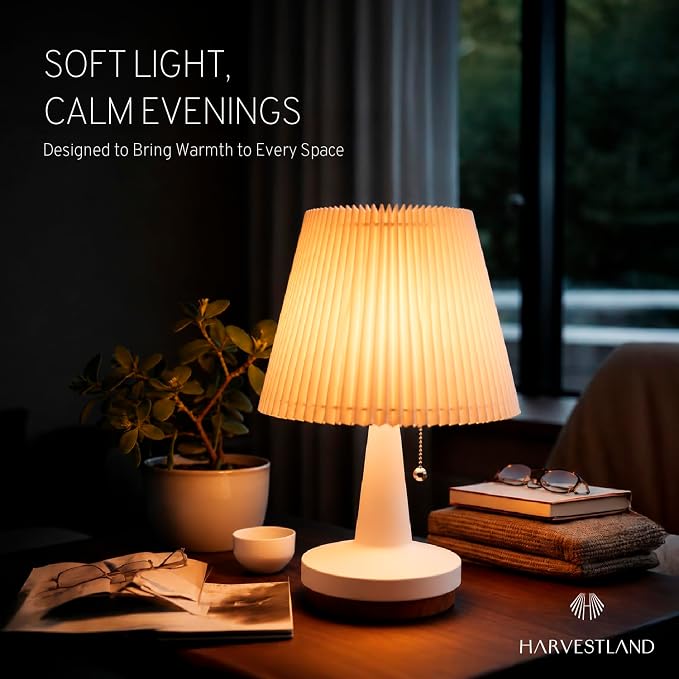 HarvestLand Pirouette 16'' White Table Lamp, Pleated Shade Bedside Lamp, Lamp for Living Room, Nightstand Lamp