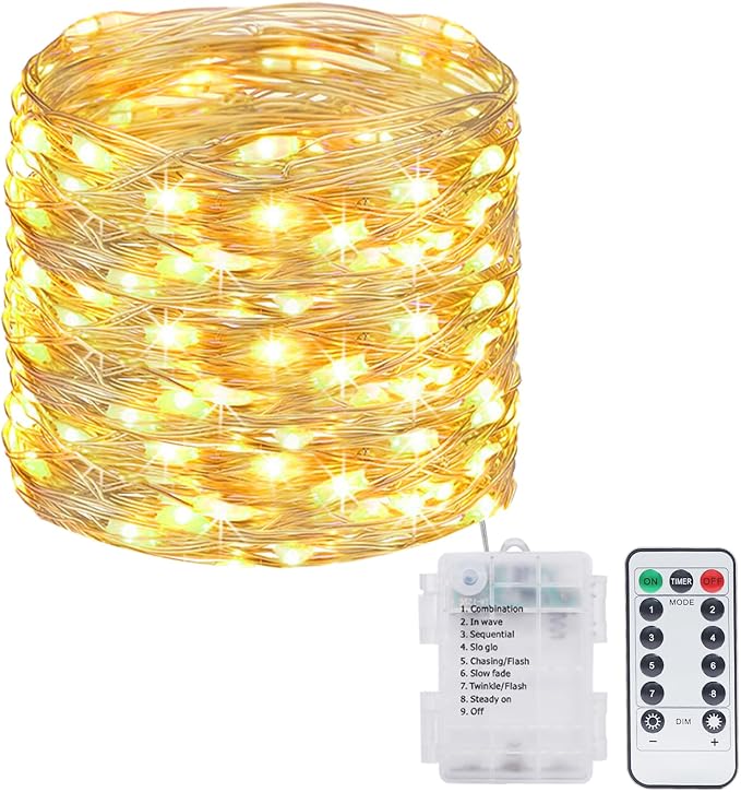 kolpop Fairy Lights Battery Operated with Remote, Each 39Ft 120LED Battery Powered String Lights with Timer, 8 Modes Waterproof Twinkle Christmas Lights for Bedroom Party Indoor, Warm White, 1 Pack