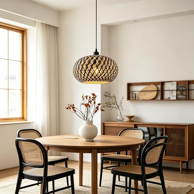 19.6“ Large Bamboo Pendant Light Fixtures Black Rattan for Kitchen | Boho Chandelier Hand Woven Wicke Ceiling Hanging Light, 59.5 Adjustable, Rustic Farmhouse for Stairway Dining Room Foyer