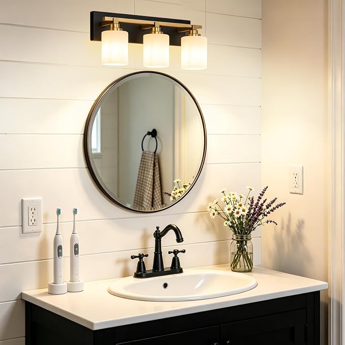 Black and Gold Bathroom Light Fixture, Modern 3 Light Vanity Lights for Bathroom Lighting Fixtures Over Mirror, White Glass Lampshade, Master & Guest bathrooms Bathroom Remodel, 20-inch