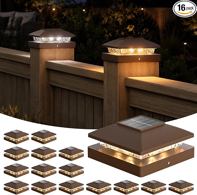 APONUO Solar Post Cap Lights for 4x4 Posts - IP64 Waterproof, Warm/Cool White, Wireless Fence Lights & Deck Lights for Patios, Gardens, and Yards, Brown,16 Pack