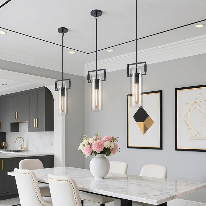 Mondern Black Kitchen Island Pendant Lights,12'' Glass Island Pendant Light,Farmhouses Knurled Pendant Light, for Kitchen,Dining Room,Bathroom,Bulb Included
