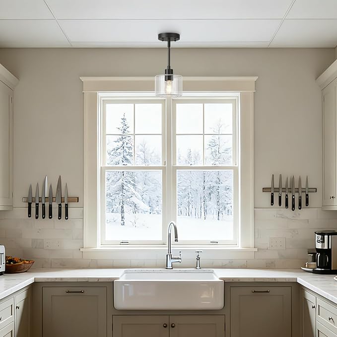 Black Pendant Lights Kitchen Island 2 Pack, Modern Clear Glass Hanging Light Fixtures with Rods, Mini Kitchen Pendant Lighting Over Island for Sink Bathroom, OS-YQ8153-2PBKC