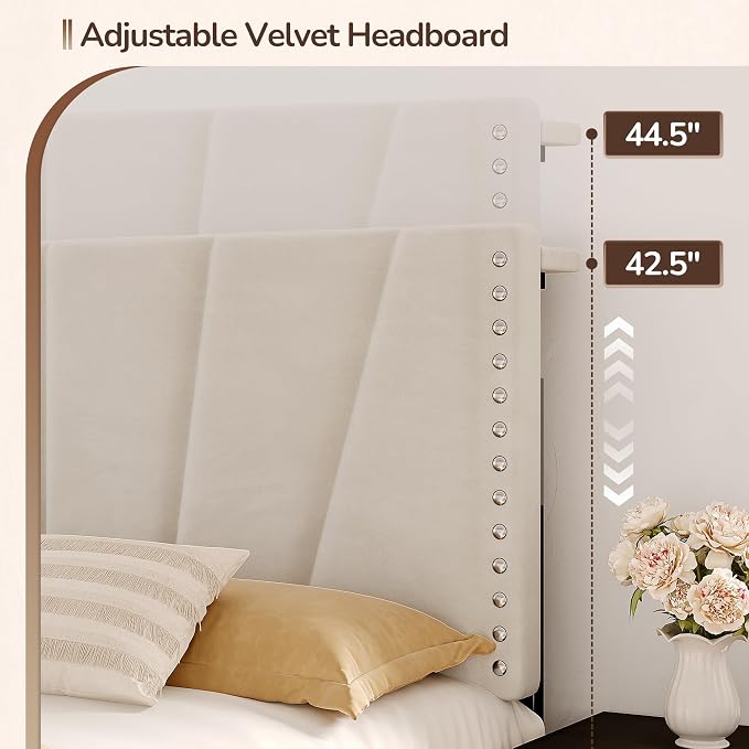 EnHomee Full Size Bed Frame with LED Lights & USB, Noise-Free, Beige | Adjustable Velvet Headboard，Under-Bed Storage，Heavy Duty Support with 12 Slats，No Box Spring Needed，Easy Assembly for Bedroom