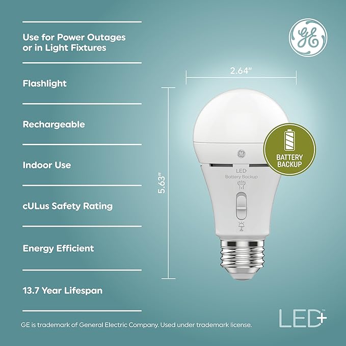 GE LED+ Backup Battery LED Light Bulbs, A21 Rechargeable Light Bulbs for Power Outages and Emergencies, Flashlight, 3 Color Temperatures (2 Pack)