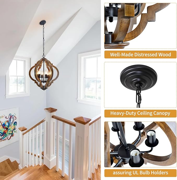 Farmhouse Rustic Wooden Chandelier, 6-Light Farmhouse Hanging Light Fixture with Black Metal & Brown Wood, for Dining Room, Kitchen, Living Room, Entryway, Foyer, Bedroom, Hallway