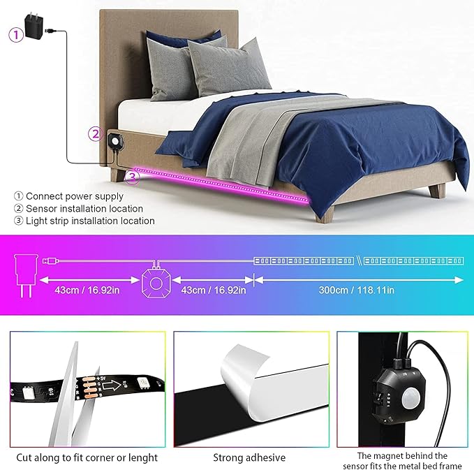 Motion Activated Under Bed Lights, 2x9.84ft 5050 RGB Color Changing LED Strip Lights with Sensor, APP Control and Music Sync, Dimmable Night Light for Bedroom Stair Christmas Decor