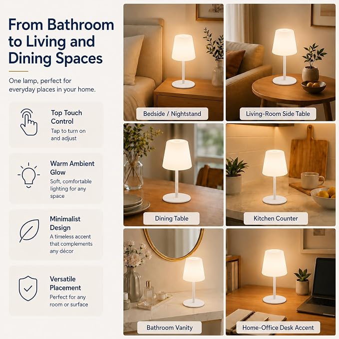 IP65 Waterproof Shower Lamp, Cordless Rechargeable Table Lamp, White | Bathroom To Bedside Glow, Touch-Dim Comfort, 4000mAh USB-C Ease, 12-24H Light, 3 Light Moods, 2-Height Fit