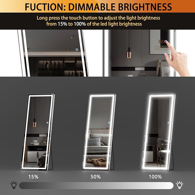 Hasipu Full Length Mirror with Lights, 61" x 22" LED Floor, Full Body Dressing Standing, Hanging Mounted Mirror, Round White